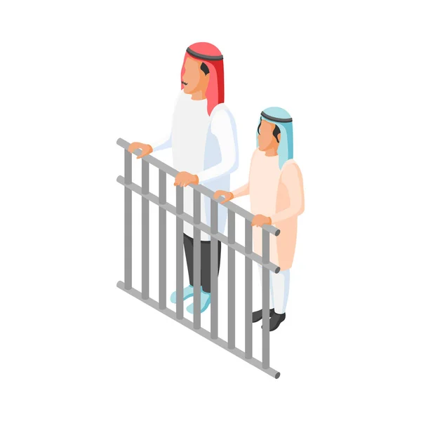 金属フェンス3Dベクトルイラストの近くに立って男と男の子とアイソメトリックアラビア語の家族 — ストックベクタ