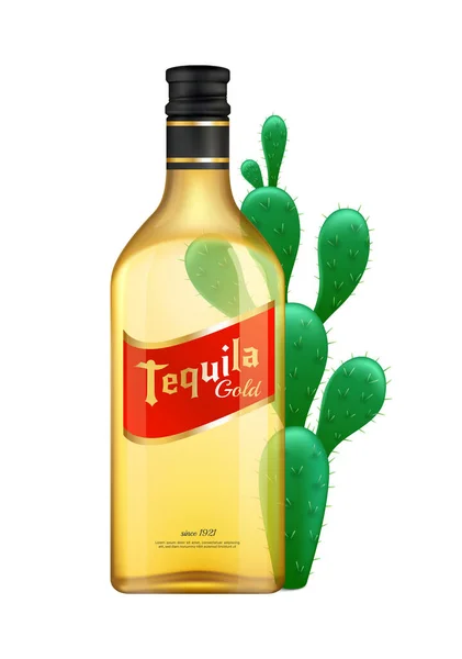 Bouteille Tequila Réaliste Illustration Vectorielle Cactus Vert — Image vectorielle