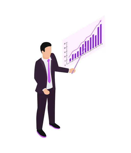 Marketing Concept Isometric Neon Icon Businessman Giving Report Showing Financial — Stock Vector