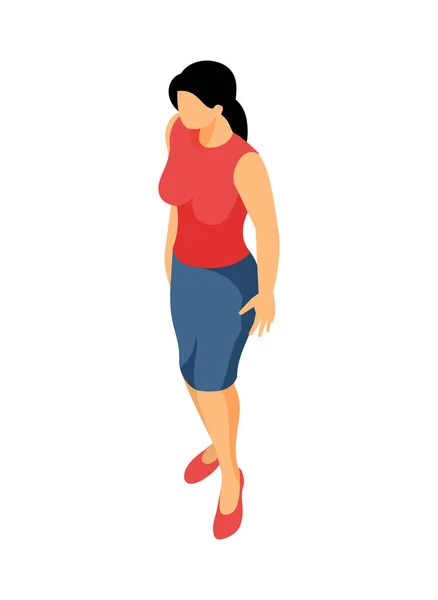 穿着蓝色短裙 红鞋子 头戴3D矢量图形的等距无脸女性角色 — 图库矢量图片