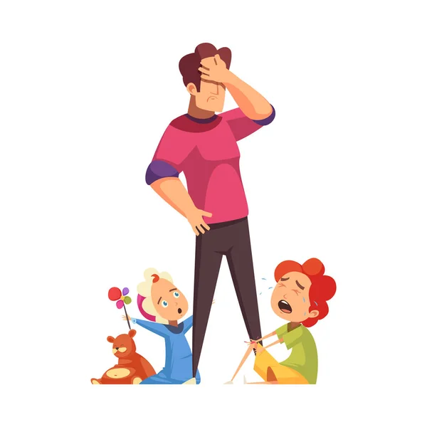 疲れたお父さんと2人の小さな子供の漫画のベクトルイラストと家族ルーチン — ストックベクタ