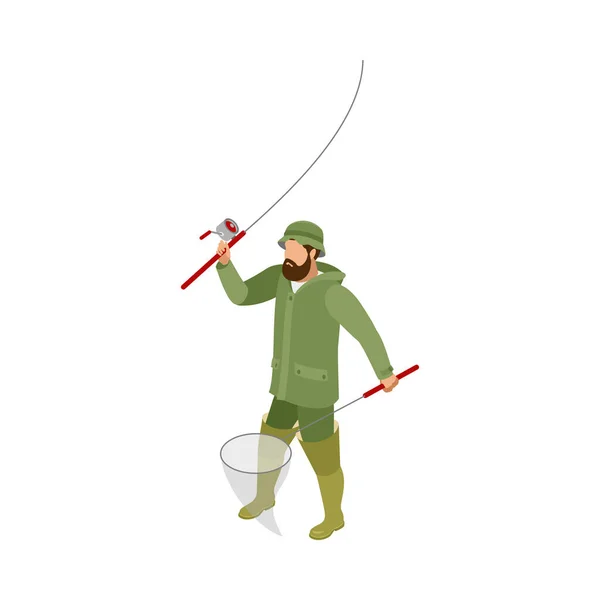Изометрический Бородатый Рыбак Посадочной Сеткой Вращающейся Трехмерной Векторной Иллюстрацией — стоковый вектор