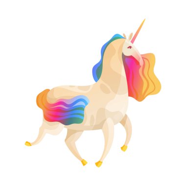 Gökkuşağı renginde yele kuyruğu ve boynuz vektör illüstrasyonuyla zarif çalışan tek boynuzlu at.