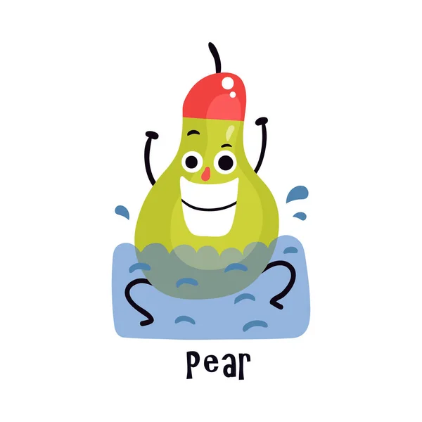 Funny Cartoon Cheerful Pear Character Doing Sport Swimming Pool Vector — Stock Vector