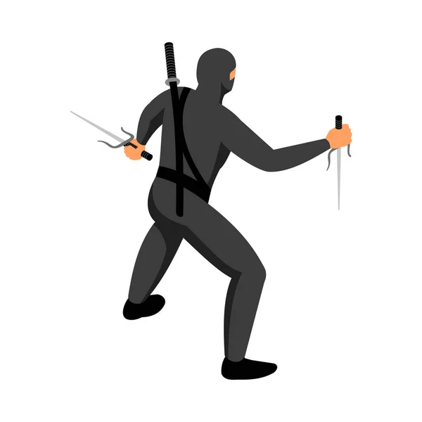 Izometrický Ninja Cvičení Katanou Sai Vektorové Ilustrace — Stockový vektor