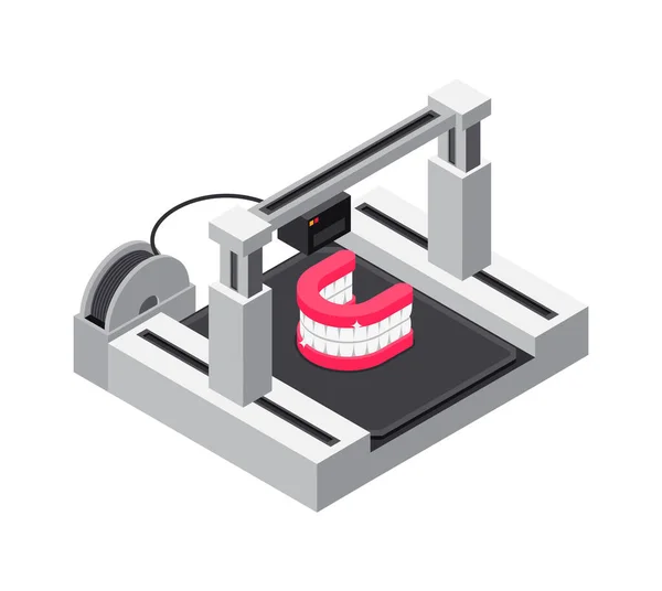 3D打印机行业等距图标 附有假牙矢量图解打印过程 — 图库矢量图片