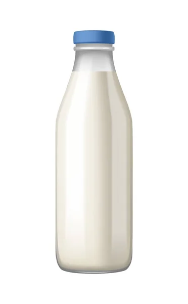 Реалистичная Стеклянная Бутылка Молока Векторной Иллюстрацией Голубой Шапки — стоковый вектор