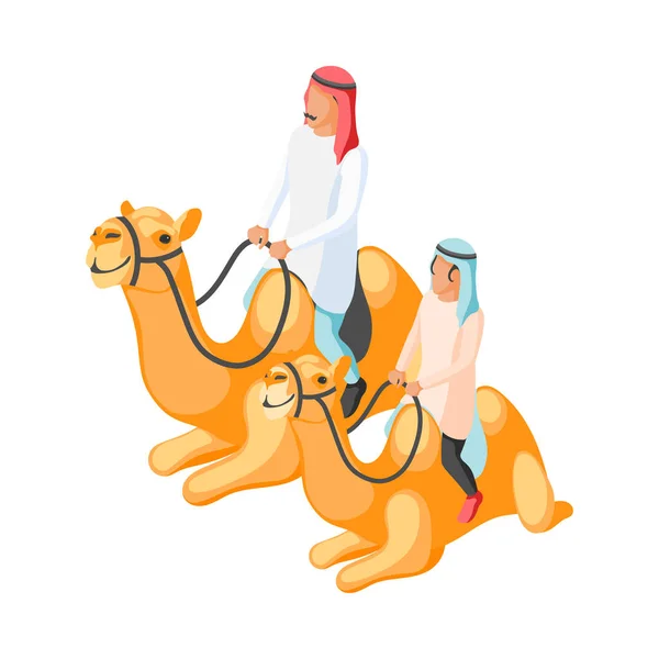 Isometrisk Arabisk Familie Med Mann Sønn Ridende Kameler Vektorillustrasjon – stockvektor