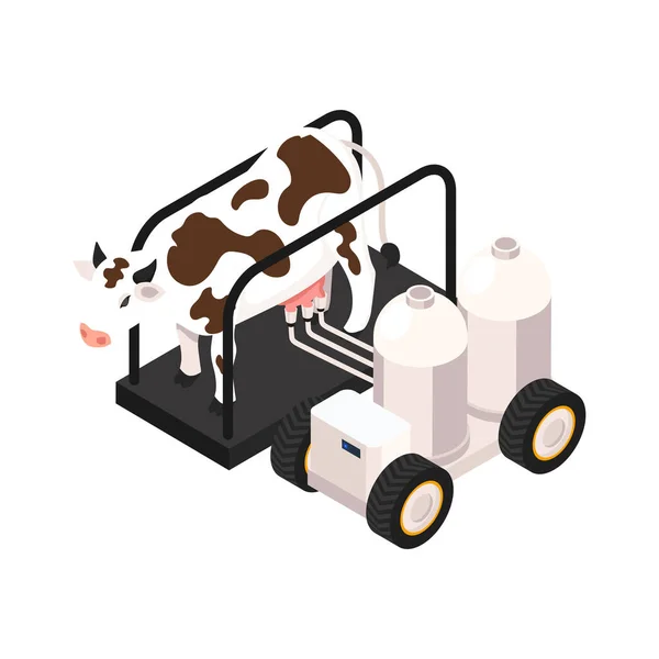 自動搾乳機と牛の3Dベクトルイラストとスマートファームアイソメトリックアイコン — ストックベクタ