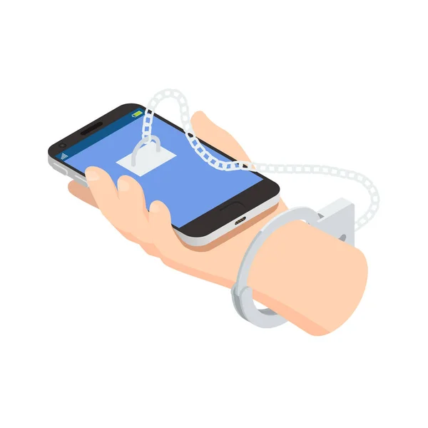 Internet Smartphone Gadget Verslaving Isometrische Concept Met Menselijke Hand Geketend — Stockvector