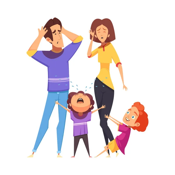 Tecknad Trött Föräldrar Och Två Små Gråtande Stygga Barn Vektor — Stock vektor