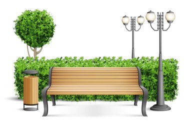 Realistic wooden park bench composition bench stands by the fence of the pieces in the park area vector illustration clipart