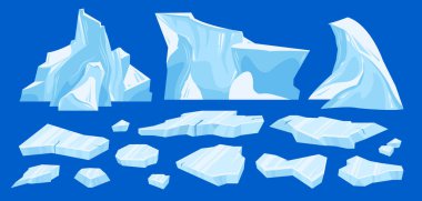 Donmuş Kuzey Kutbu buz dağı simgesi üç farklı boyutta buzdağı ve buz vektörü çiziminin kırık parçaları.