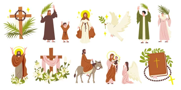 Easter Flat Icons Set Jesus Christ Virgin Mary Characters Isolated — Stock Vector
