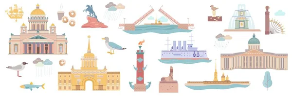 圣彼得斯堡的一组孤立的图标 上面有鸟类 喷泉和城堡建筑的图解 — 图库矢量图片