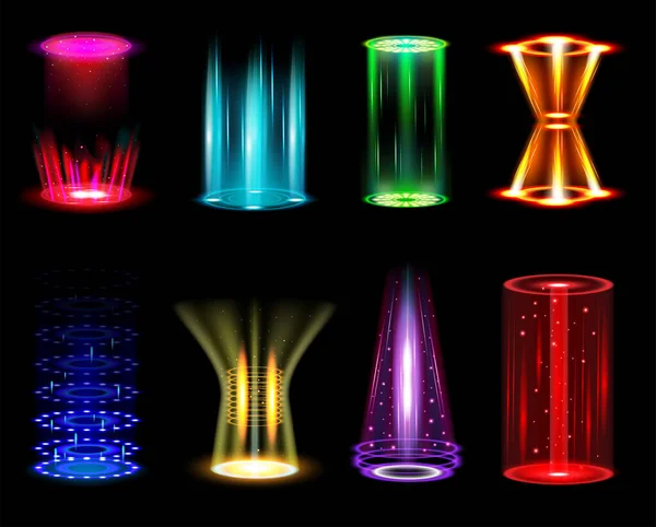 Portaluri Teleportare Realiste Set Imagini Izolate Forme Colorate Neon Luminoase — Vector de stoc
