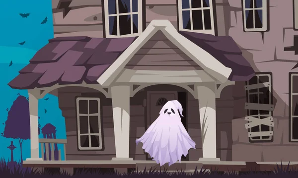 Spettrale Fantasma Cartone Animato Con Vecchio Abbandonato Casa Vettoriale Illustrazione — Vettoriale Stock