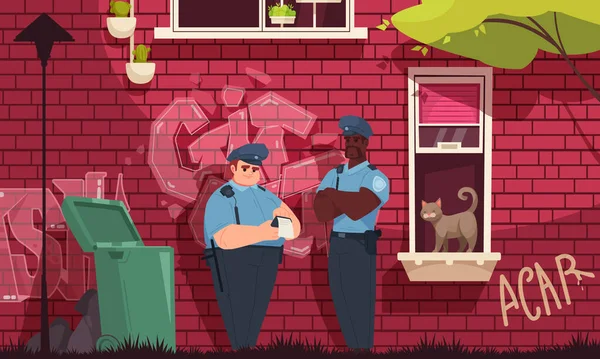 Polizei Cartoon Konzept Mit Männlichen Beamten Auf Streifenarbeit Vektor Illustration — Stockvektor