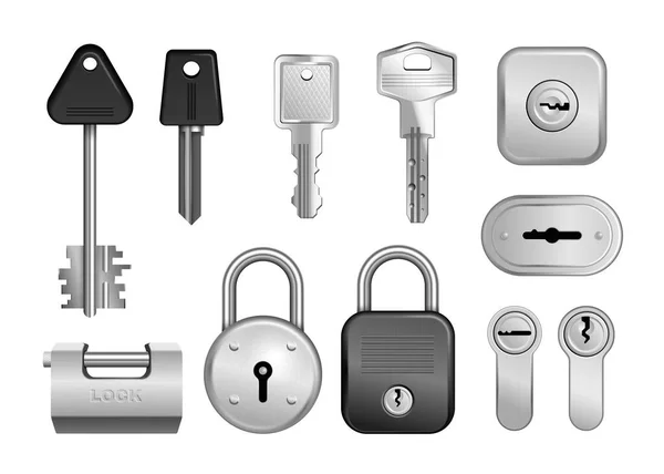 Ρεαλιστικά Κλειδιά Κλειδαριές Λουκέτα Εικονίδιο Σύνολο Κλειδαριές Και Κλειδαρότρυπες Για — Διανυσματικό Αρχείο