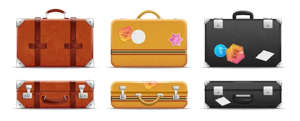 Realistic Vintage Travel Bag Icon Set Brown Yellow Black Suitcases — Stock Vector