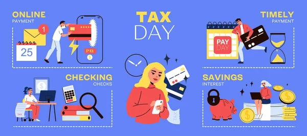 Tax Day Inographics Financial Icons 아이콘 Man Characters Checking Rectempt — 스톡 벡터