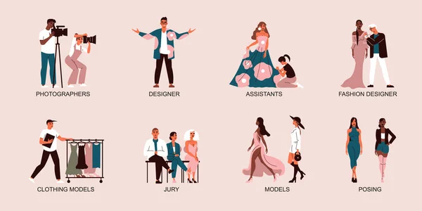 时装秀集 有独立的构图 文字说明 设计师助理模特的角色和陪审团向量图解 — 图库矢量图片