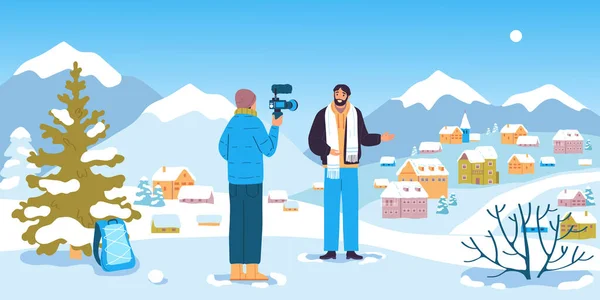 Cestovní Blogger Plochý Koncept Kamerou Muž Zimním Pozadí Vektorové Ilustrace — Stockový vektor