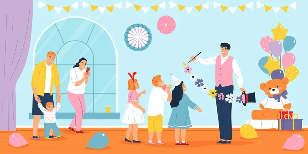 Kinder Party Flaches Konzept Mit Kindern Beobachten Zaubertricks Vektor Illustration — Stockvektor
