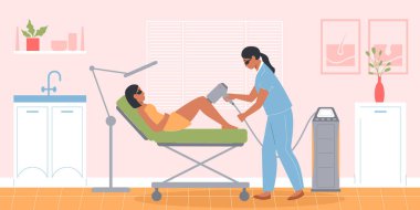 Klinik içi lazer terapi düz kompozisyonu ve gözlüklü doktor ve hastanın karalama karakteri vektör çizimi