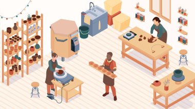 Isometric çömlekçilik stüdyosu üç el yapımı ustayı sıcak stüdyosunda çalıştırdı ve tencere kompozisyon vektör çizimi oluşturdu.