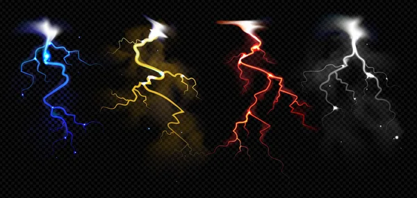 Гроза Реалістичний Набір Спалахом Барвистих Блискавок Темному Прозорому Фоні Ізольовані — стоковий вектор