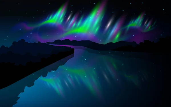 Lumières Polaires Réalistes Dans Ciel Étoilé Nocturne Arctique Composition Colorée — Image vectorielle