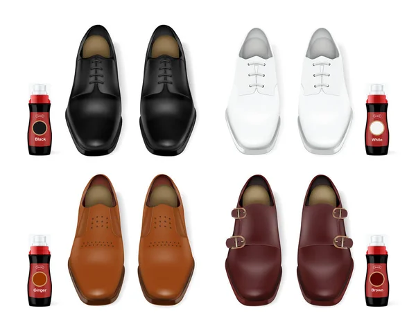 四双不同颜色的现实的男用皮鞋与鞋油的匹配隔离矢量图解 — 图库矢量图片