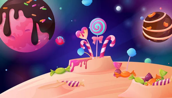 带有巧克力行星和月球陨石坑中棒棒糖的糖果月亮太阳系景观背景卡通画 — 图库矢量图片