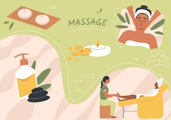 Types Composition Plate Massage Avec Collage Icônes Bougie Flasque Huile — Image vectorielle