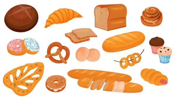 面包店产品一套平面的孤立图标 附有面包松饼饼 甜甜甜圈和羊角面包病媒图解 — 图库矢量图片