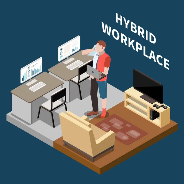 Hybrid Arbetsplats Isometriskt Koncept Med Anställd Som Arbetar Både Hemifrån — Stock vektor