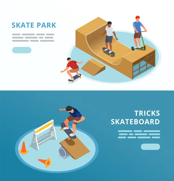 Skate Park Horizontální Transparenty Sportovními Symboly Izometrické Izolované Vektorové Ilustrace — Stockový vektor