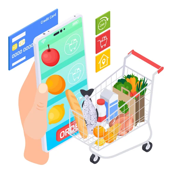 网上外卖食品定单递送服务超级市场购物车杂货产品的等量组成与智能手机矢量图解 — 图库矢量图片