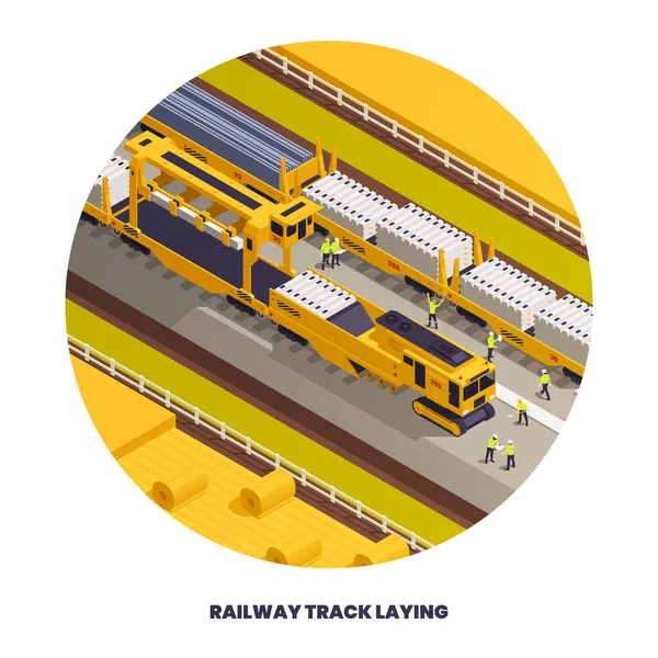 Ronde Samenstelling Met Spoorbaan Voor Bouwvoertuigen Spoorwegmaterieel Isometrische Afbeeldingen Bewerkbare — Stockvector