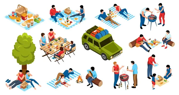 Isometrische Barbecue Iconen Ingesteld Met Mensen Die Picknicken Buiten Geïsoleerde — Stockvector