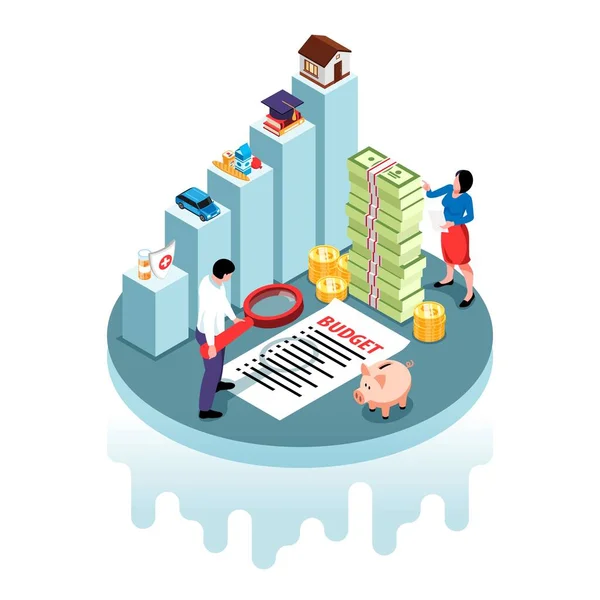Isometric Family Budget Composition People Counting Money Vector Illustration — 스톡 벡터