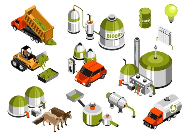 Ikon Isometrik Produksi Energi Hijau Menetapkan Peralatan Untuk Mengubah Biomassa - Stok Vektor