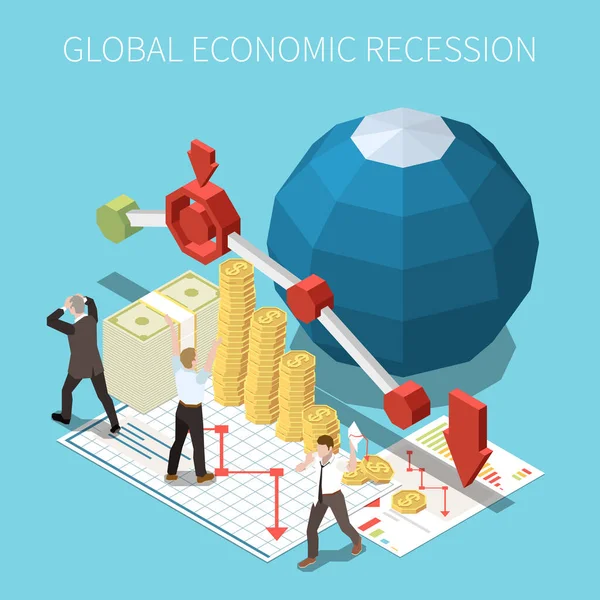 Inflation Récession Crise Économique Financière Chute Composition Isométrique Avec Travailleurs — Image vectorielle