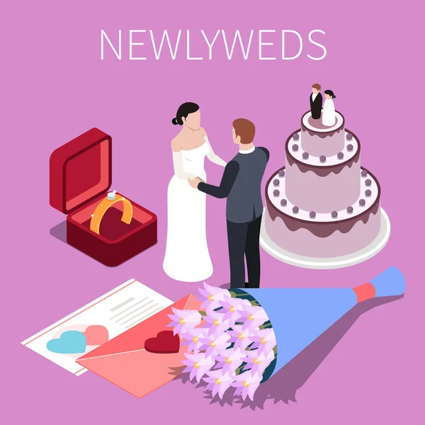 Wedding Ceremony Marriage Isometric Composition Characters Newlyweds Surrounded Cake Rings — Stock Vector