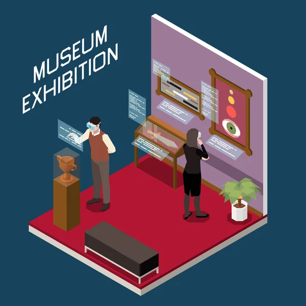 Müze Çalışanı Ziyaretçi Karakterleri Holografik Ekran Illüstrasyonu Ile Birlikte Metnin — Stok Vektör