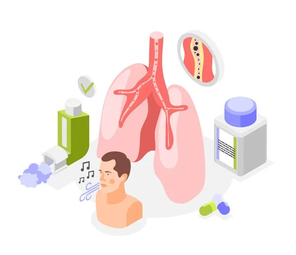 喘息の症状や人間の肺薬や呼吸人間のキャラクターのベクトル図のアイコンと治療アイソメトリックコンポジション — ストックベクタ