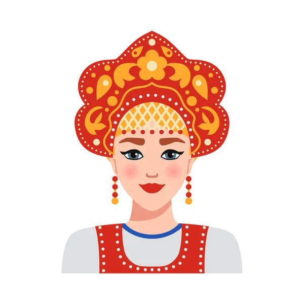 ロシアの民族衣装ベクトルイラストを身に着けている美しい女性のフラット肖像 — ストックベクタ