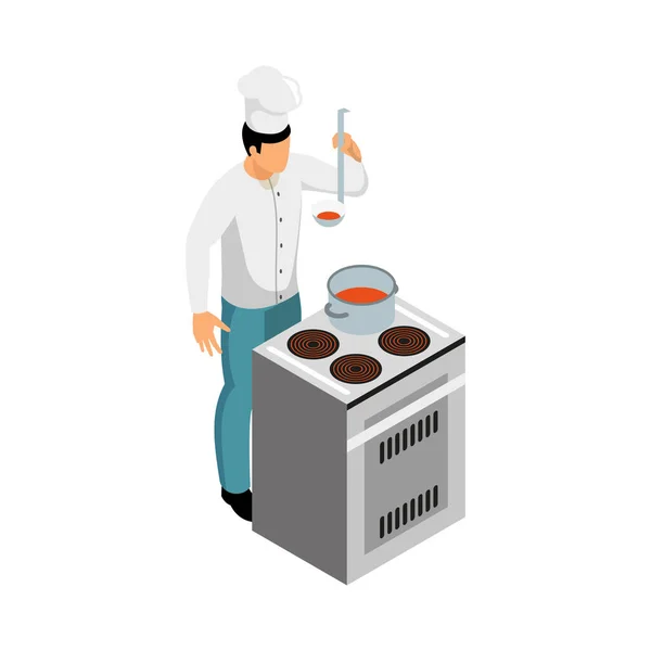 Izometryczny Mężczyzna Szef Kuchni Gotowanie Degustacja Zupy Wektor Ilustracja — Wektor stockowy