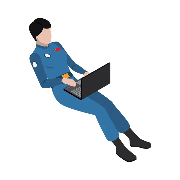 Isométrico Taikonaut Astronauta Trabalhando Laptop Zero Gravidade Estado Vetor Ilustração —  Vetores de Stock